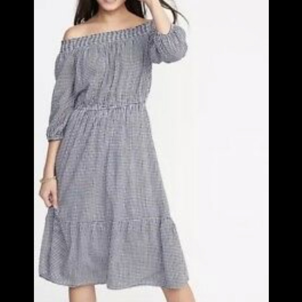 Dark Navy blue and white gingham of the shoulder midi dress